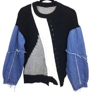 Mica Multi-media Knit Denim Distressed Balloon Sleeve Pullover Sweater Size OS